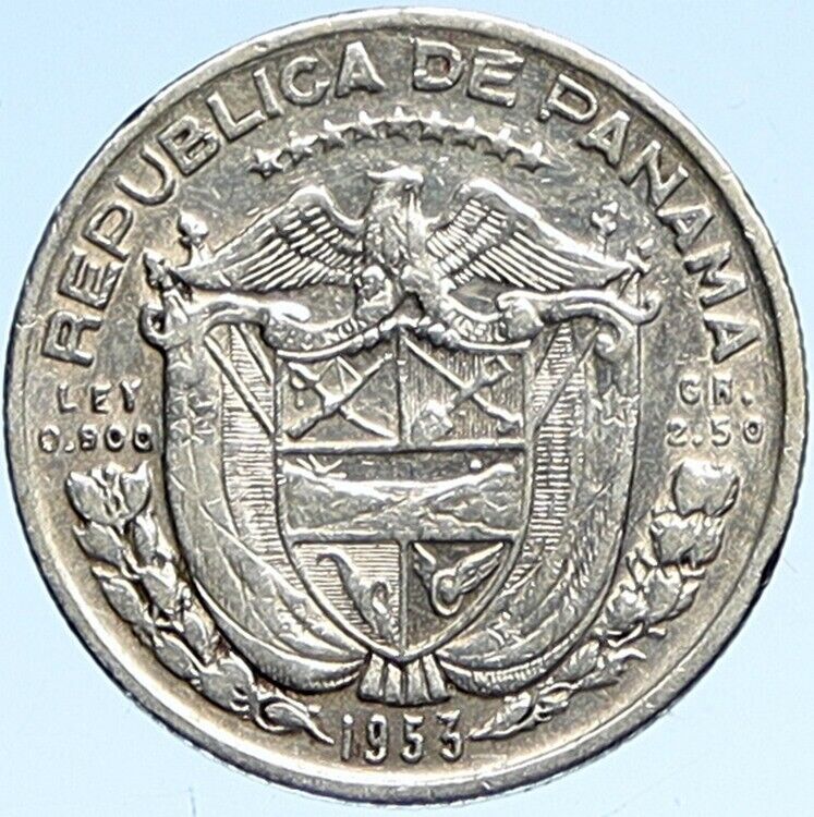 1953 PANAMA Conquistador HERO BALBOA Silver Tenth 1/10th Spanish Coin i112590