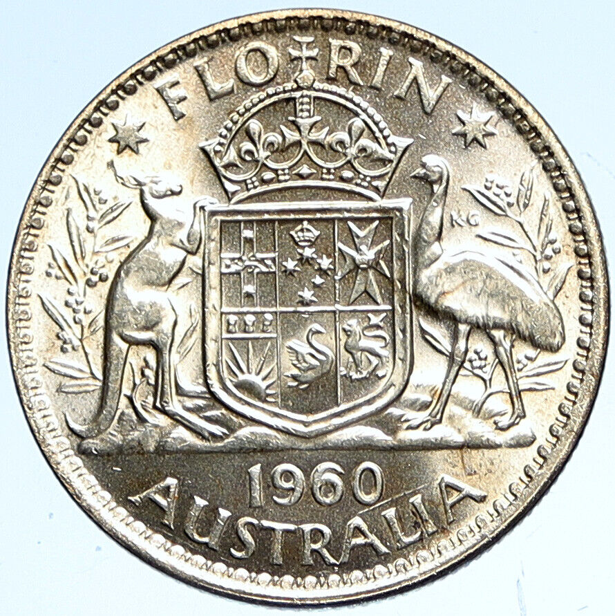 1960 AUSTRALIA - UK Queen Elizabeth II SILVER FLORIN Coat-of-Arms Coin i112580