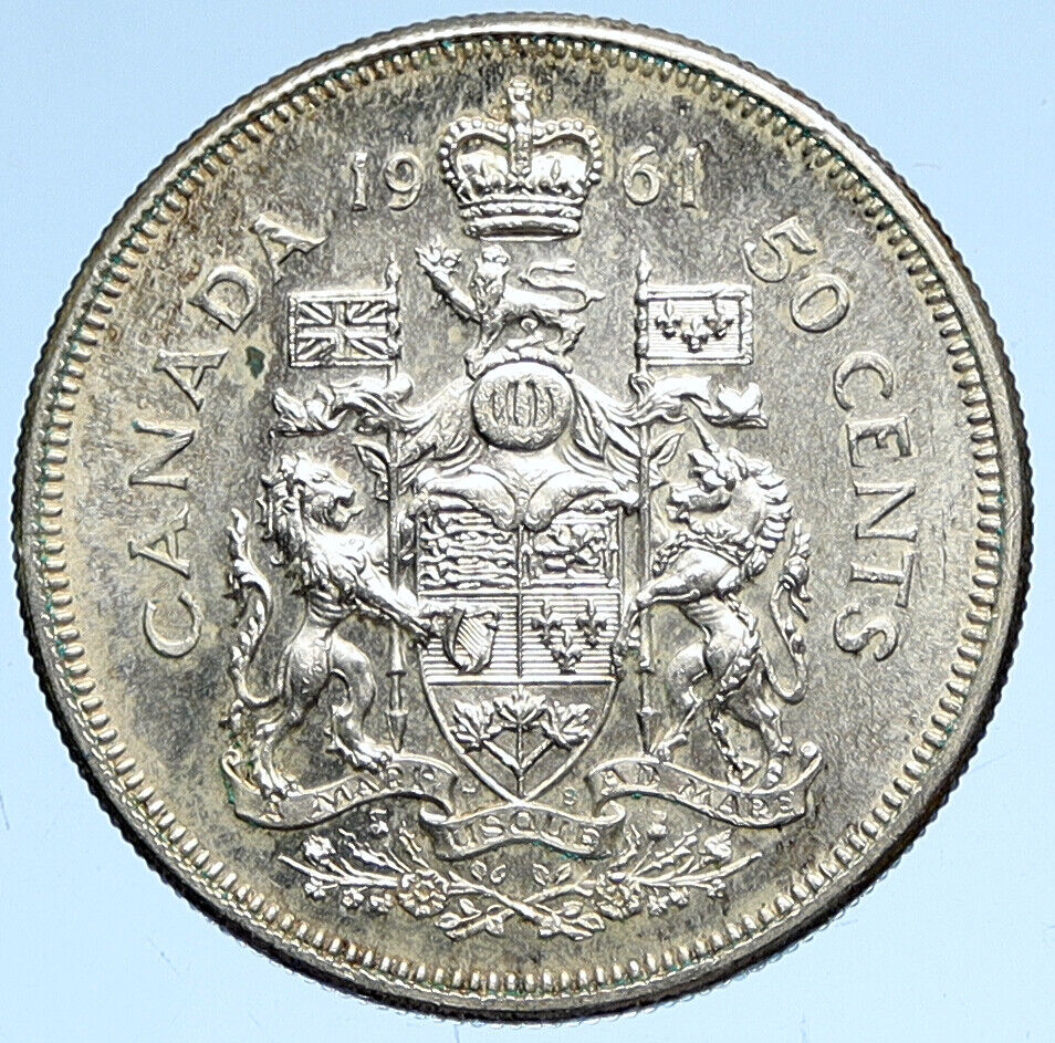 1961 CANADA Queen Elizabeth II Arms Crown VINTAGE SILVER 50 Cents Coin i112669