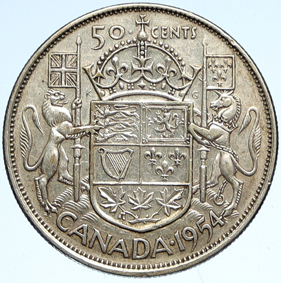 1954 CANADA UK Queen Elizabeth II OLD Vintage SILVER 50 Cents Coin Arms i112665