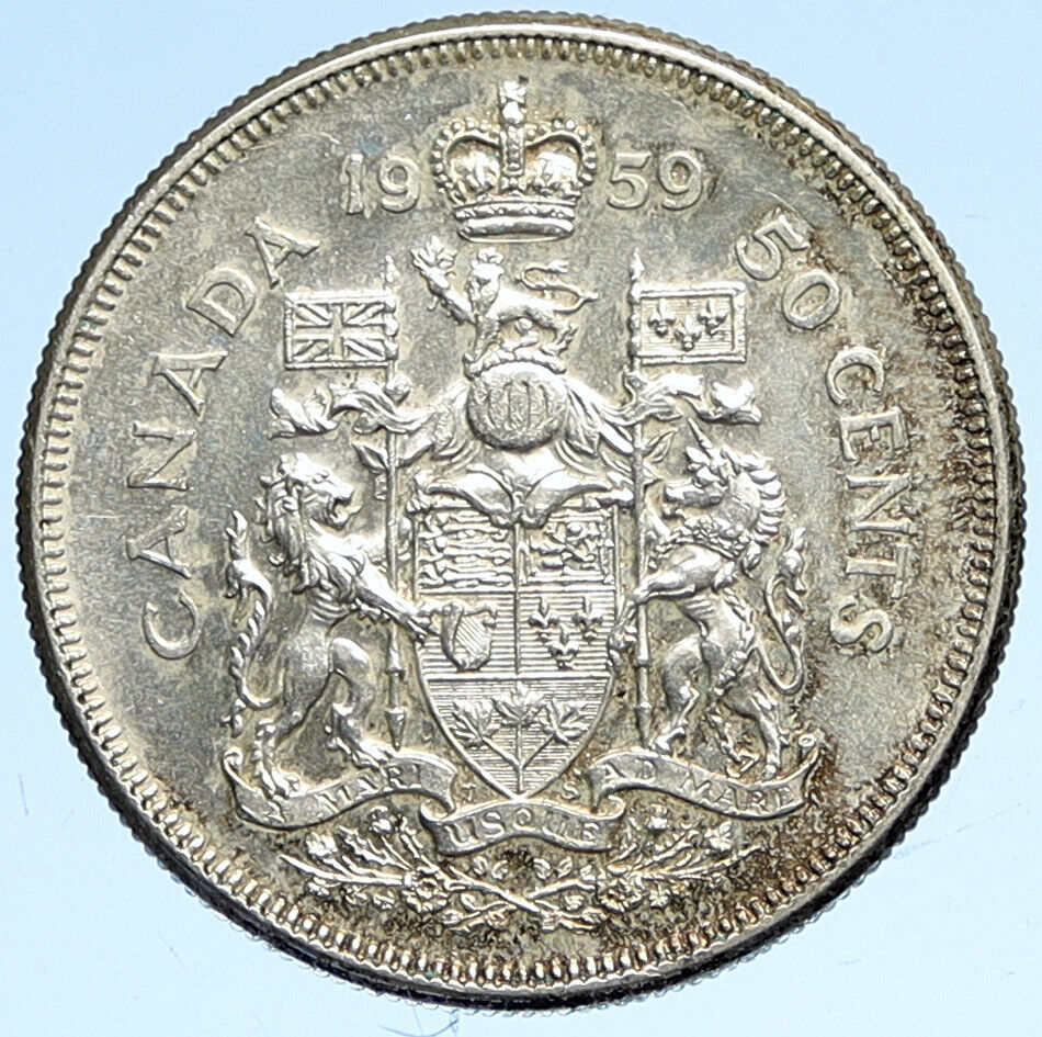 1959 CANADA Queen Elizabeth II Arms Crown VINTAGE SILVER 50 Cents Coin i112668