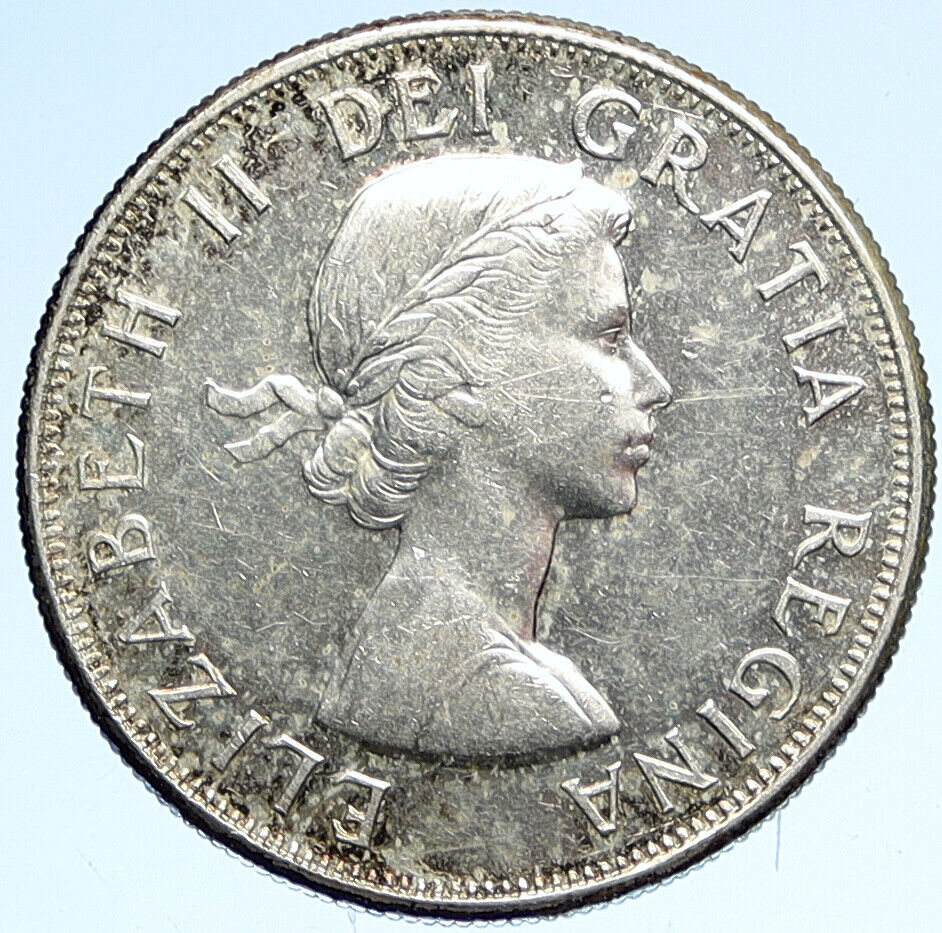 1959 CANADA Queen Elizabeth II Arms Crown VINTAGE SILVER 50 Cents Coin i112668