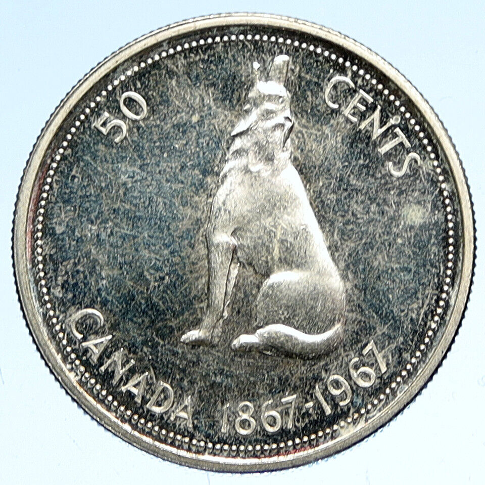 1967 CANADA Queen ELIZABETH II Wolf Howls Vintage Silver 50 Cents Coin i112666