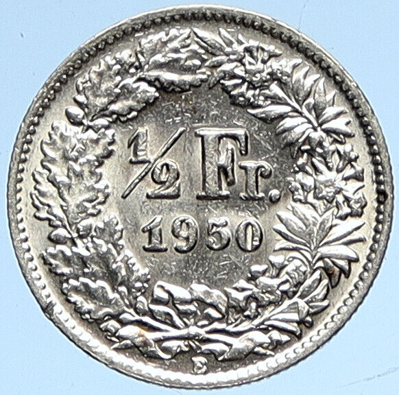 1950B SWITZERLAND HELVETIA Symbolizes SWISS Nation SILVER 1/2 Franc Coin i112673