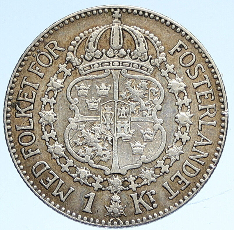1924 Sweden GUSTAF V Crowned ARMS Antique OLD Vintage Silver Krona Coin i112674
