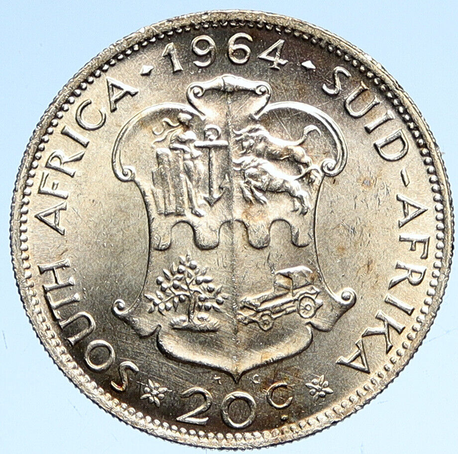 1964 SOUTH AFRICA Queen Elizabeth II Genuine OLD Silver 20 Cents Coin i112675