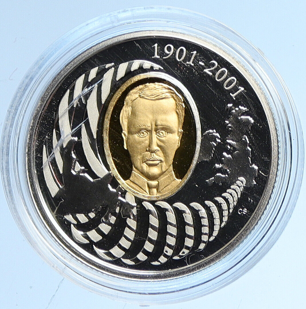 2001 CANADA UK Elizabeth II MARCONI TELEGRAPH Gilt Proof Silver $5 Coin i112690