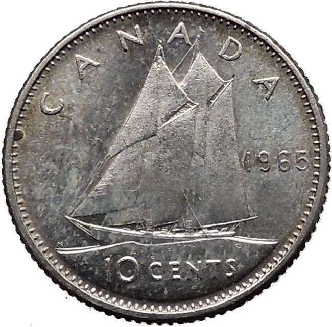 Canada 1965 Antique Silver Purity .8 10 Cents Coin with Elizabeth II SHIP i32342