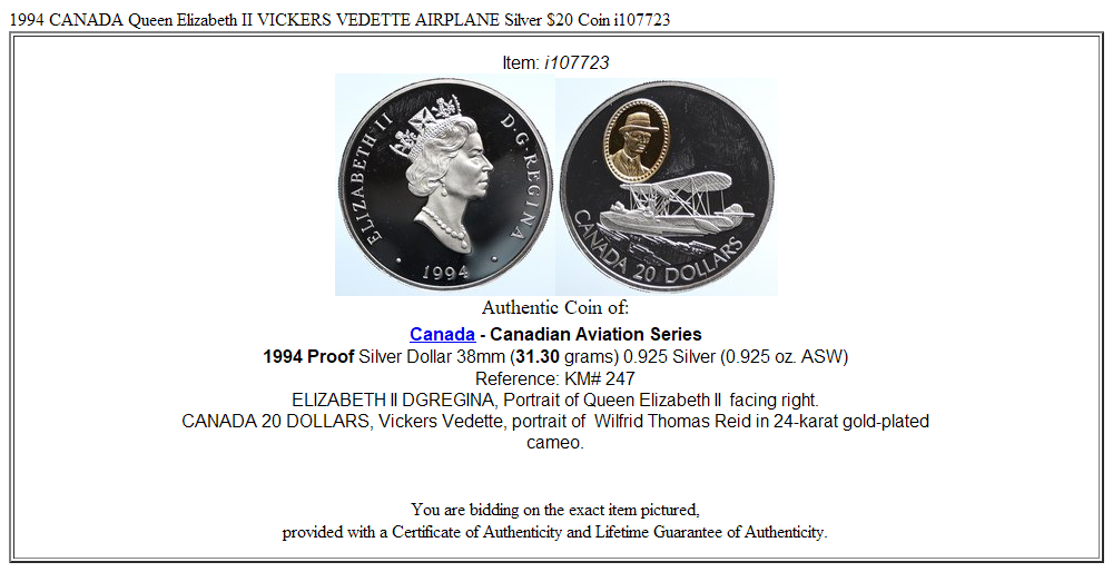 1994 CANADA Queen Elizabeth II VICKERS VEDETTE AIRPLANE Silver $20 Coin i107723