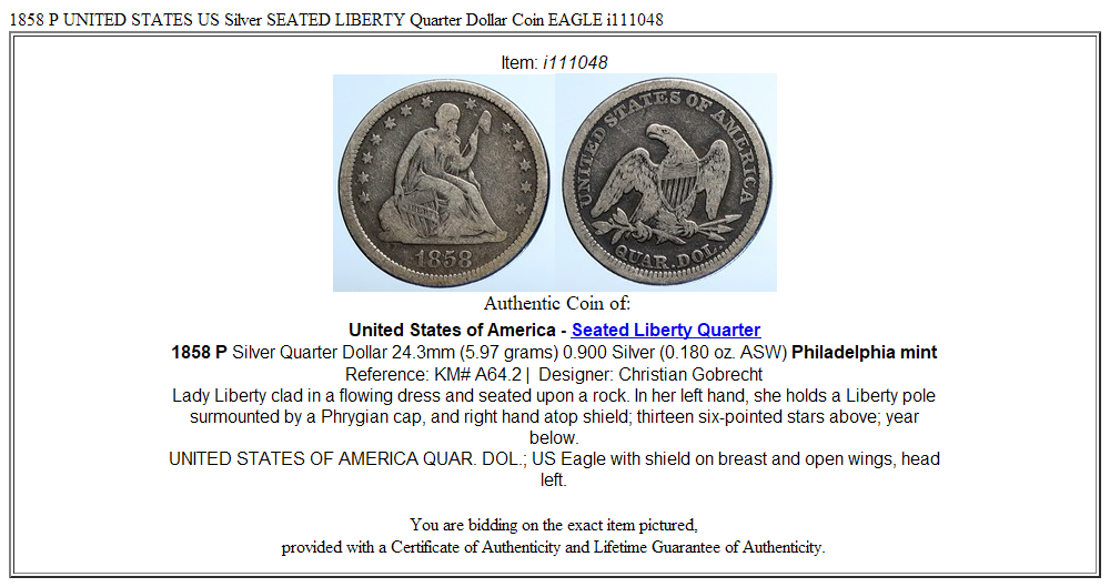 1858 P UNITED STATES US Silver SEATED LIBERTY Quarter Dollar Coin EAGLE i111048