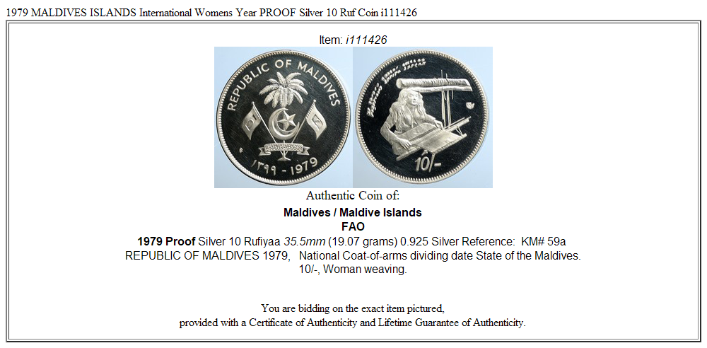 1979 MALDIVES ISLANDS International Womens Year PROOF Silver 10 Ruf Coin i111426