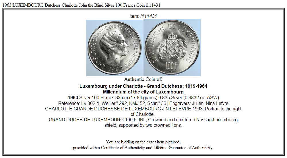 1963 LUXEMBOURG Dutchess Charlotte John the Blind Silver 100 Francs Coin i111431