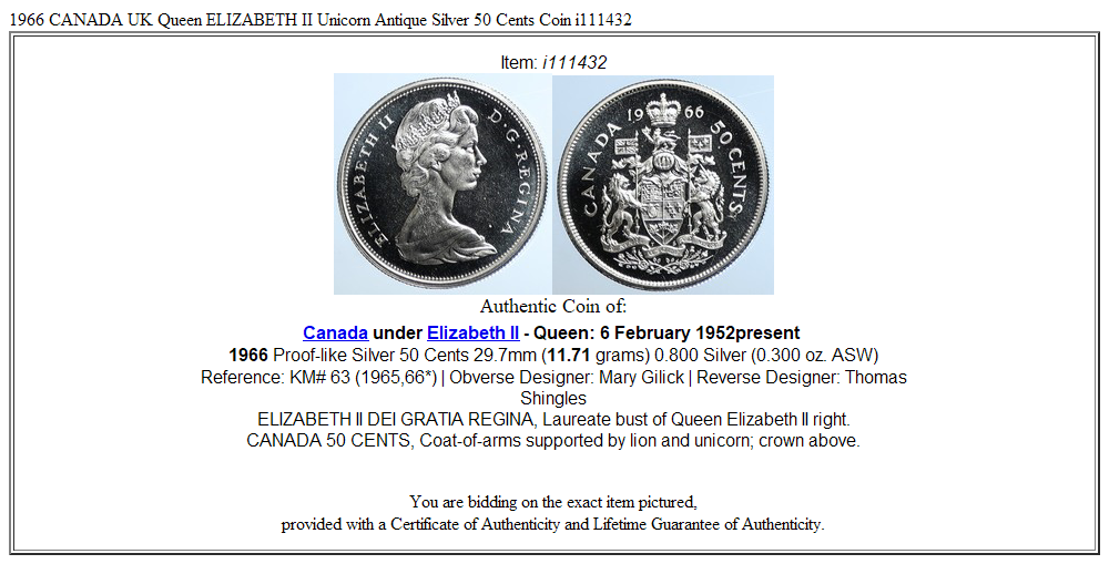 1966 CANADA UK Queen ELIZABETH II Unicorn Antique Silver 50 Cents Coin i111432