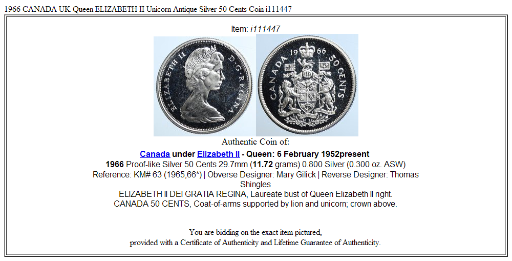 1966 CANADA UK Queen ELIZABETH II Unicorn Antique Silver 50 Cents Coin i111447