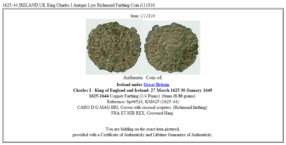 1625-44 IRELAND UK King Charles I Antique Lyre Richmond Farthing Coin i111816