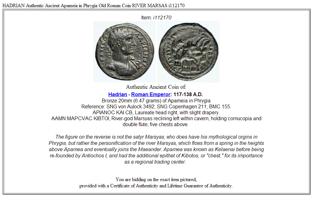 HADRIAN Authentic Ancient Apameia in Phrygia Old Roman Coin RIVER MARSAS i112170