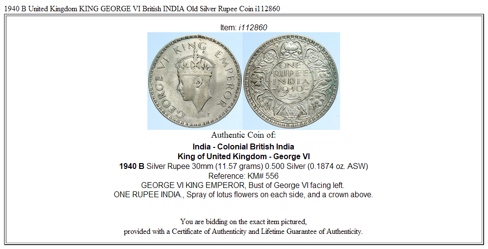 1940 B United Kingdom KING GEORGE VI British INDIA Old Silver Rupee Coin i112860