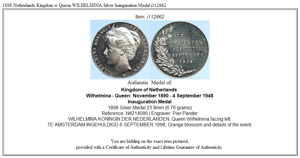 1898 Netherlands Kingdom w Queen WILHELMINA Silver Inauguration Medal i112862