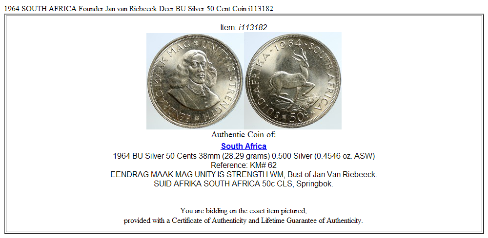 1964 SOUTH AFRICA Founder Jan van Riebeeck Deer BU Silver 50 Cent Coin i113182