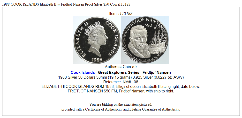 1988 COOK ISLANDS Elizabeth II w Fridtjof Nansen Proof Silver $50 Coin i113183