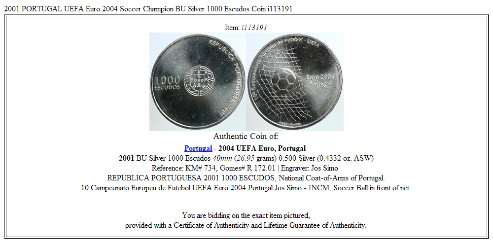 2001 PORTUGAL UEFA Euro 2004 Soccer Champion BU Silver 1000 Escudos Coin i113191