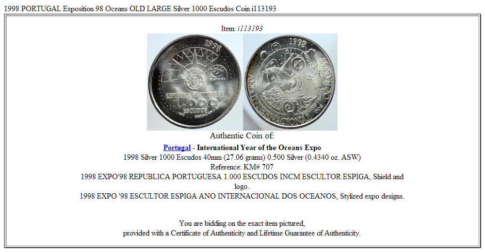 1998 PORTUGAL Exposition 98 Oceans OLD LARGE Silver 1000 Escudos Coin i113193