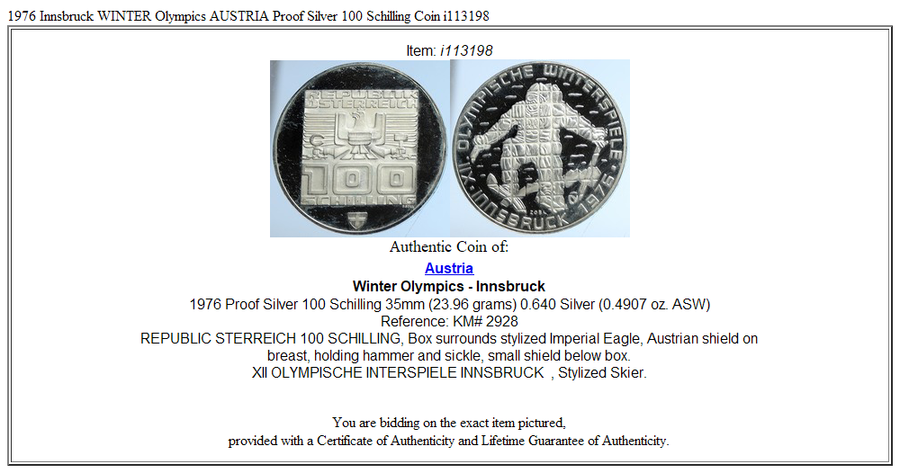 1976 Innsbruck WINTER Olympics AUSTRIA Proof Silver 100 Schilling Coin i113198