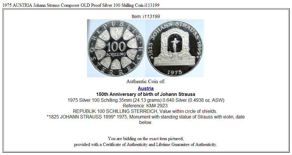 1975 AUSTRIA Johann Strauss Composer OLD Proof Silver 100 Shilling Coin i113199