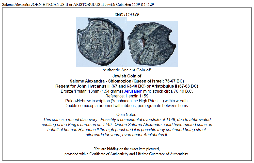 Salome Alexandra JOHN HYRCANUS II or ARISTOBULUS II Jewish Coin Hen 1159 i114129