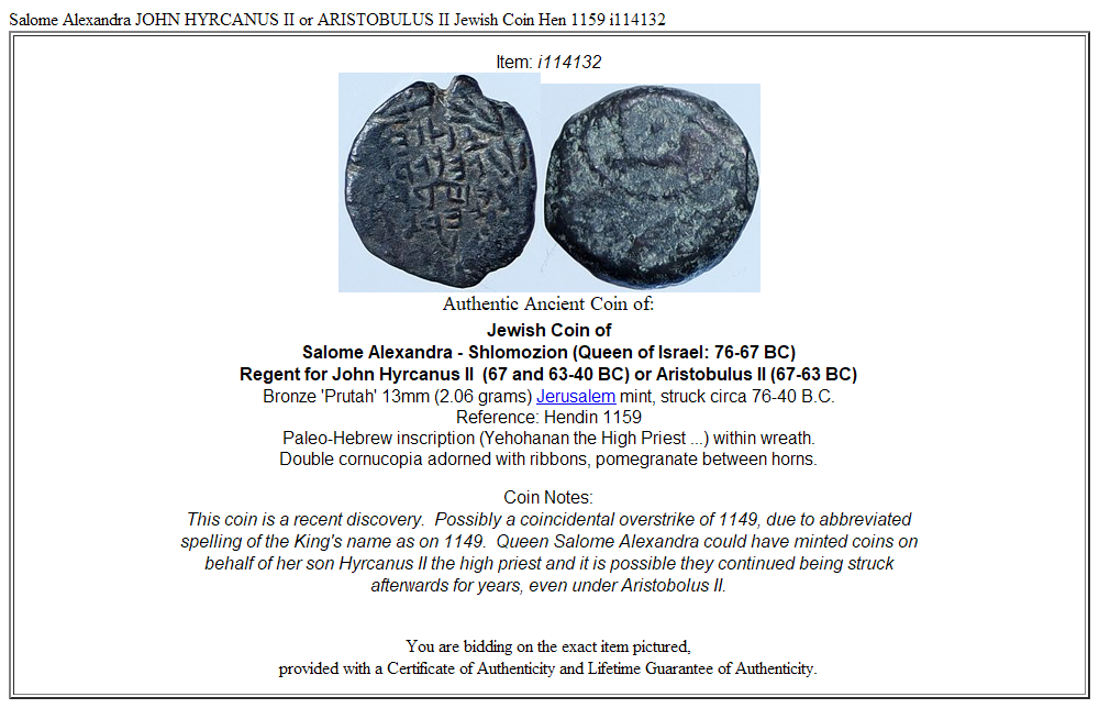 Salome Alexandra JOHN HYRCANUS II or ARISTOBULUS II Jewish Coin Hen 1159 i114132