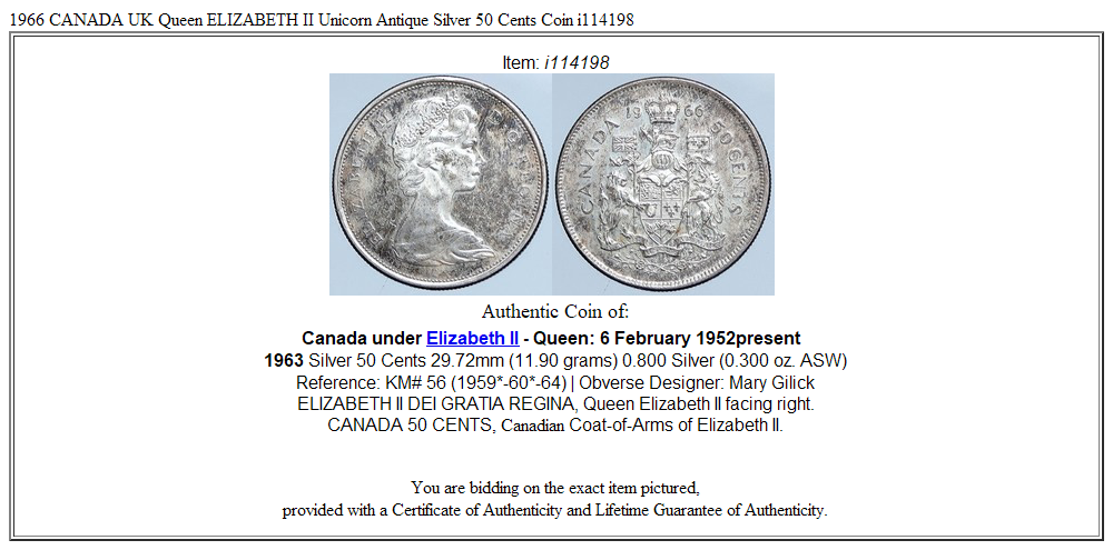 1966 CANADA UK Queen ELIZABETH II Unicorn Antique Silver 50 Cents Coin i114198