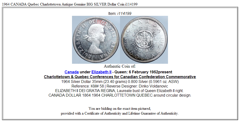 1964 CANADA Quebec Charlottetown Antique Genuine BIG SILVER Dollar Coin i114199