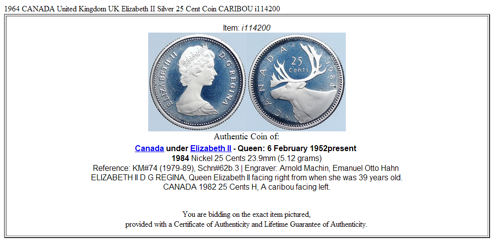 1964 CANADA United Kingdom UK Elizabeth II Silver 25 Cent Coin CARIBOU i114200