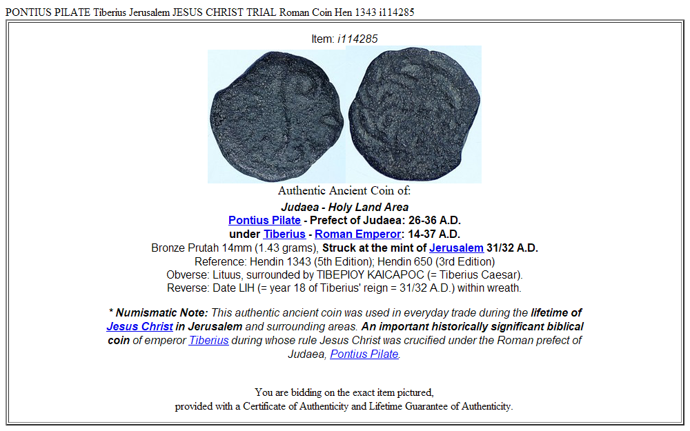 PONTIUS PILATE Tiberius Jerusalem JESUS CHRIST TRIAL Roman Coin Hen 1343 i114285