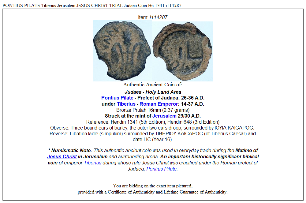 PONTIUS PILATE Tiberius Jerusalem JESUS CHRIST TRIAL Judaea Coin Hn 1341 i114287