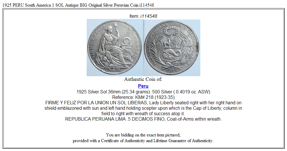 1925 PERU South America 1 SOL Antique BIG Original Silver Peruvian Coin i114548
