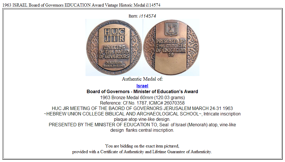 1963 ISRAEL Board of Governors EDUCATION Award Vintage Historic Medal i114574