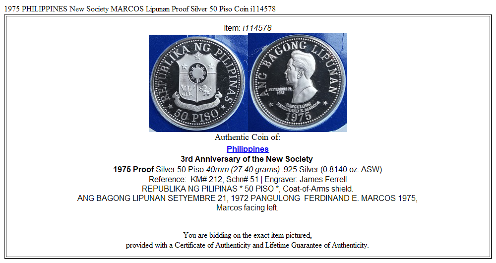 1975 PHILIPPINES New Society MARCOS Lipunan Proof Silver 50 Piso Coin i114578