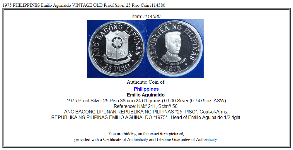 1975 PHILIPPINES Emilio Aguinaldo VINTAGE OLD Proof Silver 25 Piso Coin i114580