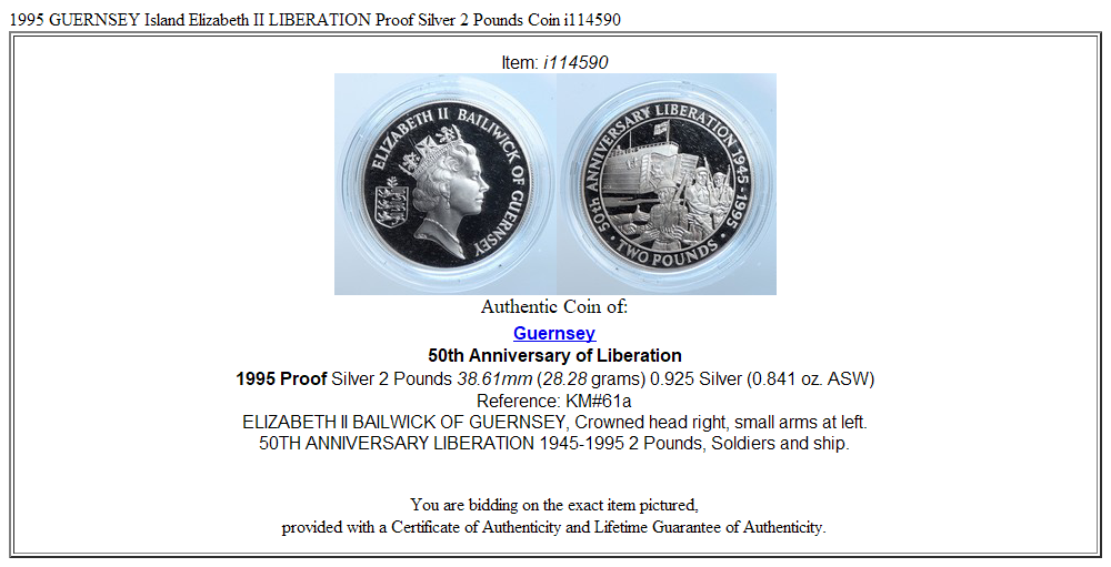 1995 GUERNSEY Island Elizabeth II LIBERATION Proof Silver 2 Pounds Coin i114590