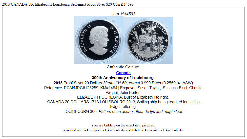 2013 CANADA UK Elizabeth II Louisbourg Settlement Proof Silver $20 Coin i114593