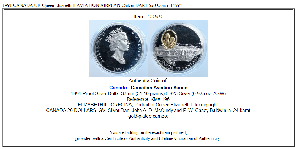 1991 CANADA UK Queen Elizabeth II AVIATION AIRPLANE Silver DART $20 Coin i114594