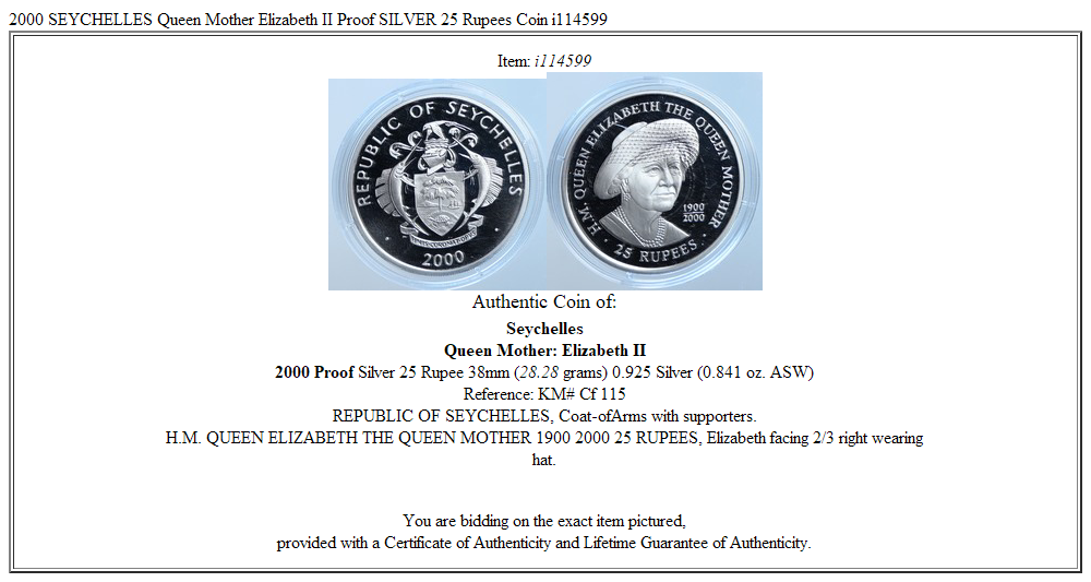 2000 SEYCHELLES Queen Mother Elizabeth II Proof SILVER 25 Rupees Coin i114599