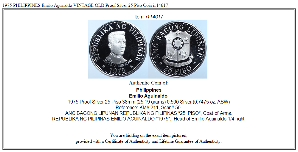 1975 PHILIPPINES Emilio Aguinaldo VINTAGE OLD Proof Silver 25 Piso Coin i114617