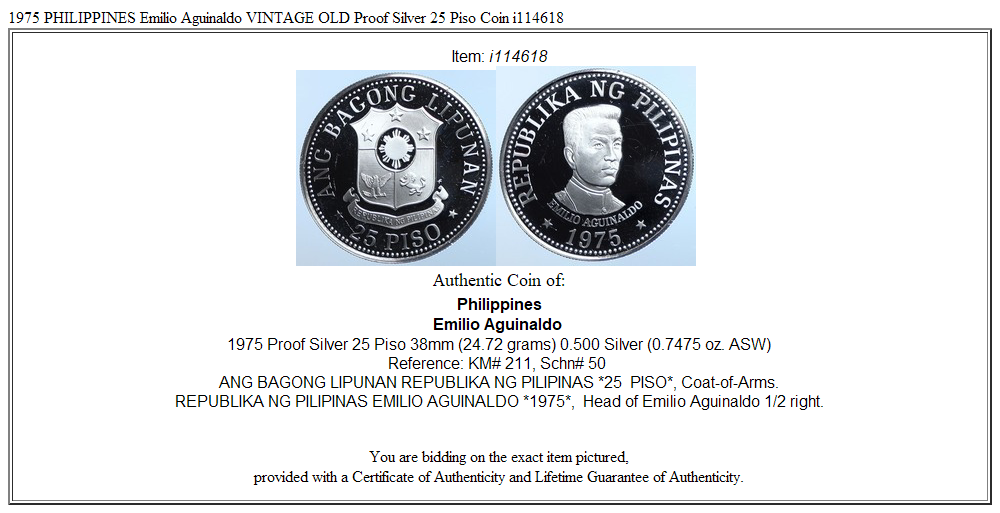 1975 PHILIPPINES Emilio Aguinaldo VINTAGE OLD Proof Silver 25 Piso Coin i114618