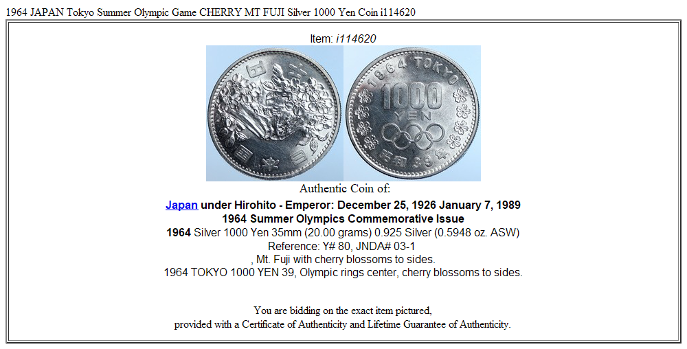 1964 JAPAN Tokyo Summer Olympic Game CHERRY MT FUJI Silver 1000 Yen Coin i114620