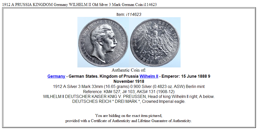 1912 A PRUSSIA KINGDOM Germany WILHELM II Old Silver 3 Mark German Coin i114623