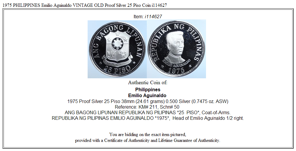 1975 PHILIPPINES Emilio Aguinaldo VINTAGE OLD Proof Silver 25 Piso Coin i114627