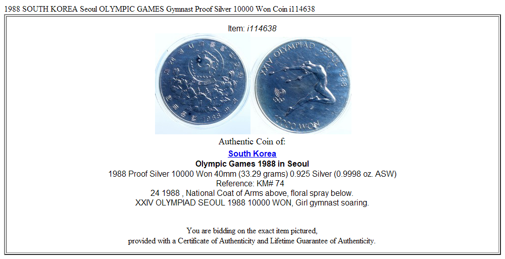 1988 SOUTH KOREA Seoul OLYMPIC GAMES Gymnast Proof Silver 10000 Won Coin i114638