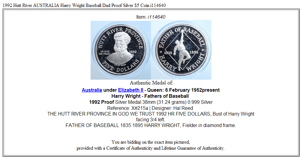 1992 Hutt River AUSTRALIA Harry Wright Baseball Dad Proof Silver $5 Coin i114640